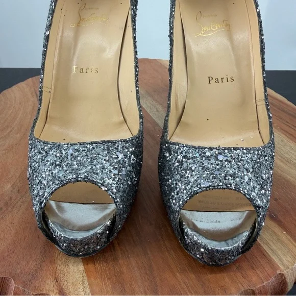 Christian Louboutin Very Prive peep-toe pumps silver glitter finish 38.5 8.5